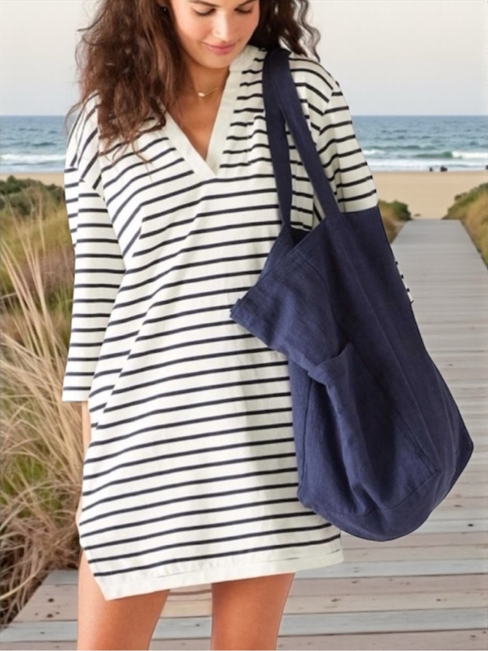 MERSEA  Women's Amelia Navy & White Striped Cotton Tee Dress  (S)